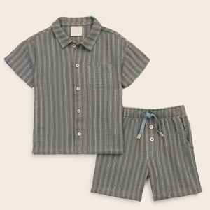 Conjunto de Camisa Listrada de Verão e Shorts em Algodão Orgânico para Meninos, Camisas com Botão e Shorts, Roupas Personalizadas para Crianças - Product Image 2