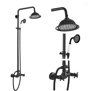 Colonne <span class=keywords><strong>de</strong></span> douche extérieure <span class=keywords><strong>de</strong></span> luxe en laiton brossé, design européen, avec mitigeur mural à double poignée, jets pluie et massage doux - Product Image 1