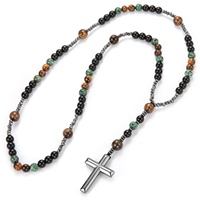 Collier en acier inoxydable noir givré avec perles et pendentif croix en pierre volcanique œil de tigre jaune, style sportif