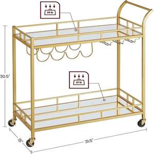 2-laags gouden barwagen met wielen, rek voor wijnglazen en flessen, woonkamer, eetkamer, keuken, trolley, eenvoudige montage met duwstang - Product Image 5