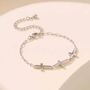Rhodium Plated <b>Cross</b> Chain <b>Bracelet</b> With Zircon Inlay Religious Unisex Jewelry Gift - Product Image 3