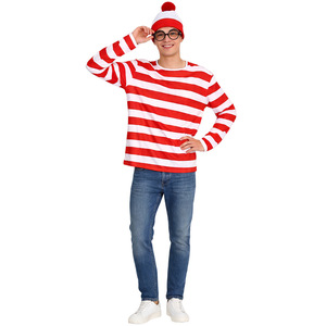 Ensemble de costumes Where's Wally pour filles, chemise rayée à manches longues, chapeau, tenue de cosplay d'Halloween en coton, assorti pour la famille - Product Image 2