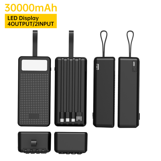 OEM Custom Logo 30000mAh Li-Polymer Battery Power Bank Built-in Cables Flashlight LED Display 12W Output USB-A/Type-C Interfaces