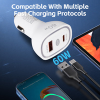 Chargeur de voiture à double port adaptatif 60W GaN Tech PD3.0 QC Type-C Type-A avec indicateur LED pour ordinateur portable, téléphone, tablette, directement de l'usine