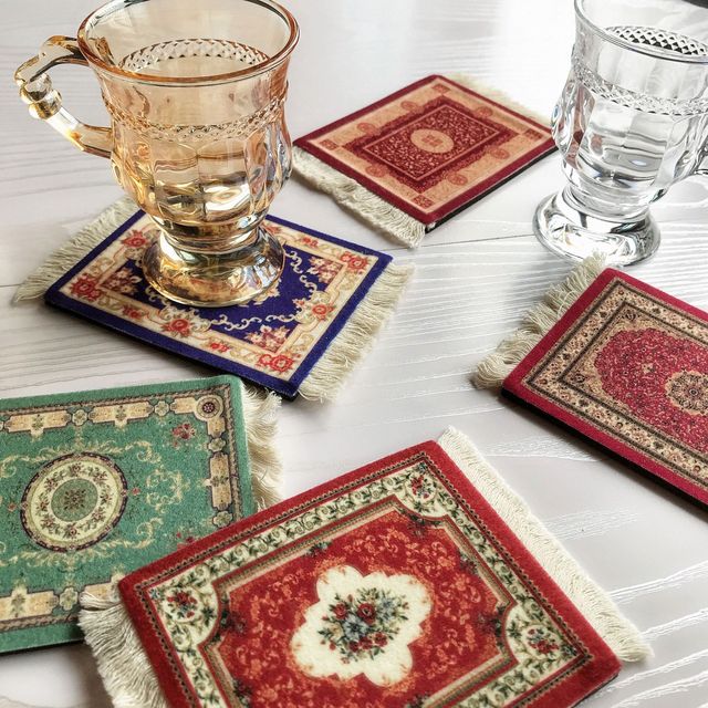 Mini Persian Woven Rug Mat Mousepad Retro Style Carpet Pattern Cup Laptop C Mouse Pad with Fring Home Office Table Cup Mat