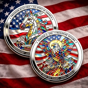 Pièce de monnaie commémorative style vitrail 250e anniversaire Wholesale America, pièce de monnaie de défi 3D colorée à l'effigie d'un aigle et d'un cheval, pièce de collection - Product Image 1