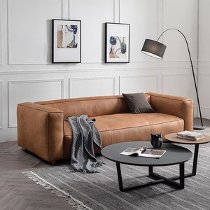 Mid-century American Vintage Caramel Wax Leather Straight <b>Sofa</b> with Wrap-around Arm <b>for</b> Home Living Room Decor - Product Image 4