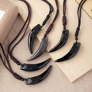 Pendentif en <span class=keywords><strong>obsidienne</strong></span> <span class=keywords><strong>noire</strong></span> naturelle en forme de dent de loup, sculpté à la main, amulette en cristal pour la <span class=keywords><strong>protection</strong></span>, vente en gros - Product Image 5