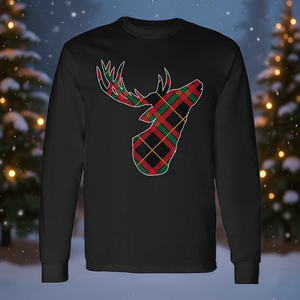 T-shirt à manches longues à carreaux rouges et verts avec tête de cerf pour Noël - Product Image 3
