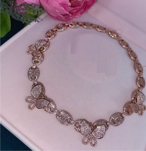 Collar de Cadena Cubana con Baño de Plata y Circonitas Blancas, Color <span class=keywords><strong>Rosa</strong></span> Café, con Colgante de Mariposa, para Mujer, Regalo de San Valentín - Product Image 1