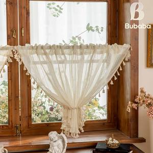 Rideaux en lin à motif bambou de style américain Bubaba, avec franges, pour petites fenêtres - Rideaux courts pour chambre à coucher - Product Image 3