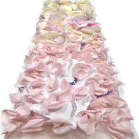 Tissu de luxe en 3 couches de mousseline et dentelle brodée de fleurs, dentelle perlée, sequins français, tissu pour robe de mariée 5 yards
