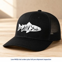 Casquette de camionneur OEM ODM avec patch paysage naturel poisson truite, broderie 3D, maille, snapback, 6 panneaux, coton, petit MOQ, Barudan, DDP, expédition rapide