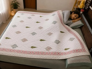 Solid Hand Block Printed Cotton <b>Quilt</b> Reversible Floral Razai Lightweight Indian Kantha Style <b>Bedding</b> Blanket - Product Image 3