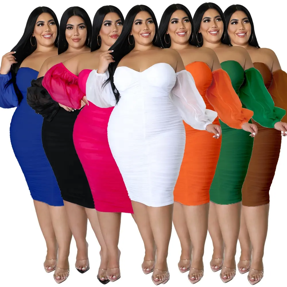 S0254 Trendy spring clothing long sleeve off shoulder sexy dress bodycon mesh plus size women's dresses fat lady womens dresses