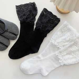 Lace <b>Socks</b> Women Mid Calf Elegant Black Solid Color <b>Polyester</b> Fiber Sweat Absorbing Youth 18 40 Years Old - Product Image 2