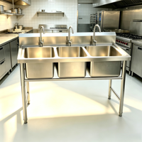 Groothandel Drie-compartimenten spoelbak RVS keuken spoelbak met achterwand en poten Op maat gemaakt voor hotel restaurant