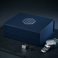 Boîte cadeau personnalisée bleu marine pour montre, avec couvercle à charnière, en carton rigide, avec logo en feuille d'argent, pour ensemble montre-bracelet et boutons de manchette pour homme