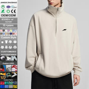 Sudadera de Estilo Urbano Vintage, Media <span class=keywords><strong>Cremallera</strong></span>, Color Sólido, Felpa Francesa de Algodón, Cuello Alto, Hombros Caídos, Talla Grande - Product Image 1