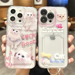 Cartoon Anime Cat Photo Card Holder Wallet Soft Clear Phone Case for iPhone 15 14 13 12 11 Pro Max Wallet Transparent Cover