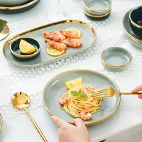 Service d'assiettes en porcelaine or vert, ensemble de vaisselle, assiettes en céramique pour les restaurants et les magasins, 12 à 35 ans