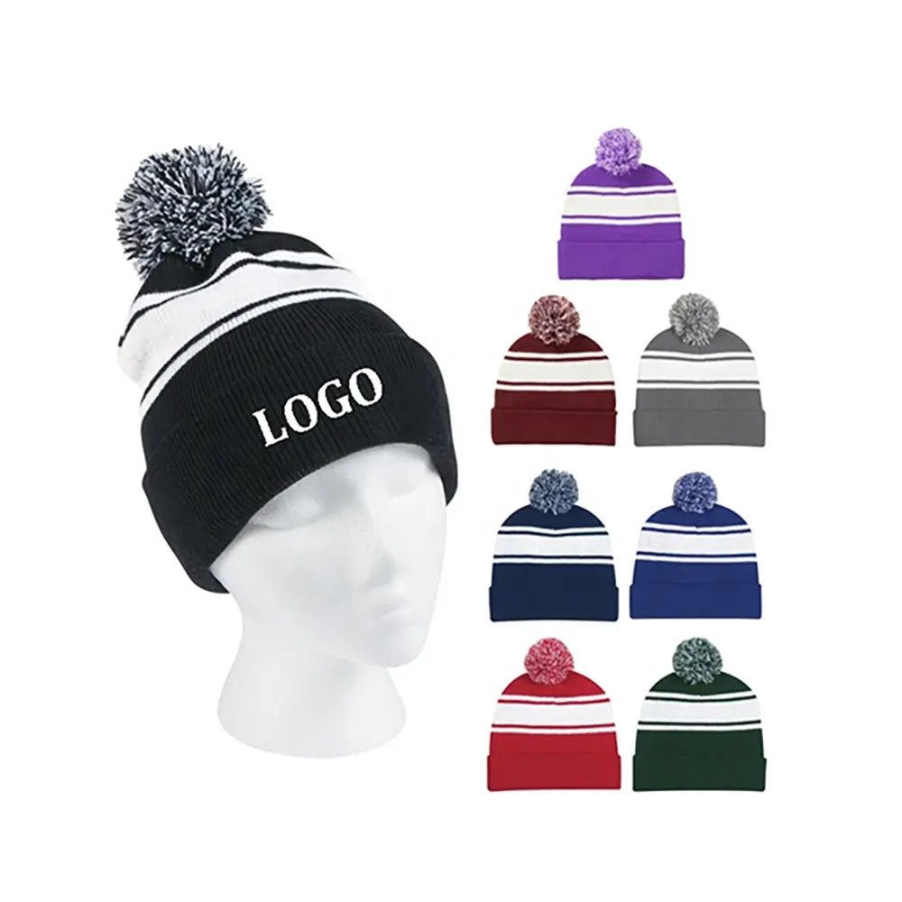 Custom Mannen Vrouwen Cool Running Winter Hoed Two Tone Rib Gestreepte Gebreide Acryl Leuke Pom Pom Beanie