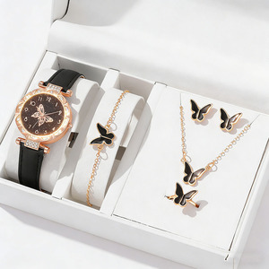<span class=keywords><strong>Set</strong></span> di 5 Pezzi in Acciaio Inossidabile: Orologio da Donna, Anello a Farfalla, Collana, Orecchini, Bracciale con Zirconi, Orologio Casual Senza Scatola - Product Image 4