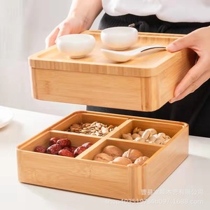 Wooden Snack Box With Lid Rectangle <b>Bamboo</b> Storage <b>Container</b> For Dried Fruit And Nuts Party Use - Product Image 1