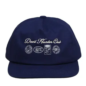 Classic Flatbill Golf Cap Custom Embroidery Printing Navy Blue Unstructured Soft Top 5 Panel Snapback Hat