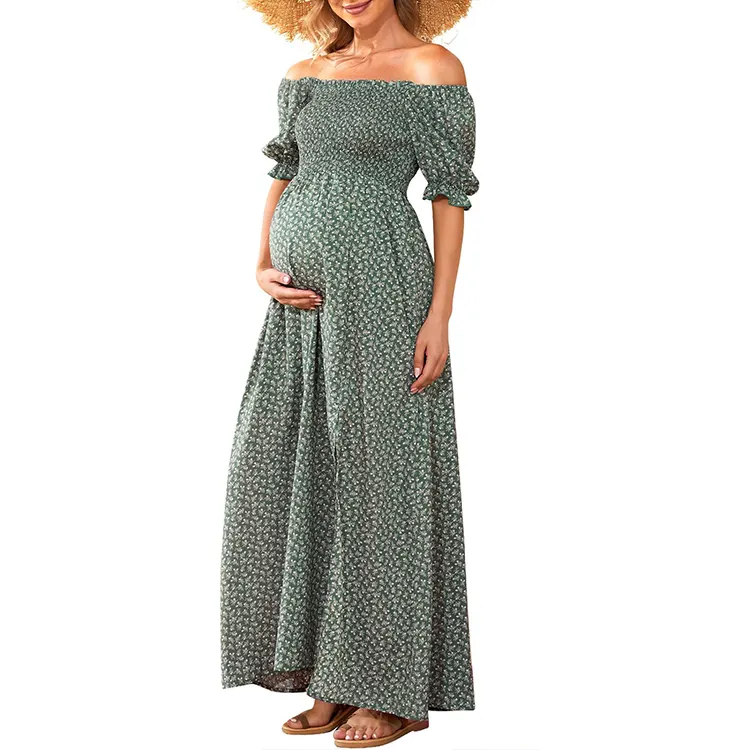 Floral Square Neck Puff Sleeve Baby Shower Dresses Boho Smocked Split A Line Photoshoot Maternity Dress