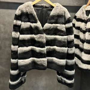 Giacca Invernale di Alta Gamma in Pelliccia all'Ingrosso, Morbida Giacca in Misto Lana <span class=keywords><strong>a</strong></span> <span class=keywords><strong>Righe</strong></span>, Produttore di Cappotti da <span class=keywords><strong>Donna</strong></span> - Product Image 2