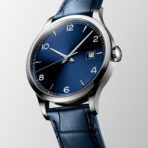 Reloj de pulsera Longinesing para hombre con correa de cuero azul, marcadores de hora sencillos, manecillas plateadas, reloj mecánico de acero inoxidable - Product Image 1