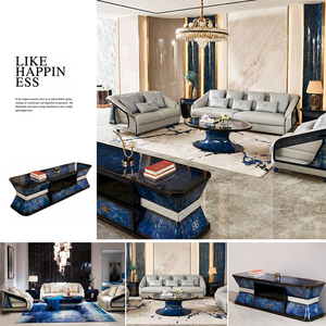 Collection de canapés et causeuses de luxe haut de gamme style <span class=keywords><strong>Bugatti</strong></span>, en cuir bleu profond et crème, mobilier sur mesure complet pour toute la maison - Product Image 3
