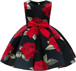 ओम गंध अनुकूलन आस्तीन के बड़े लाल गुलाब मुद्रण बॉल गाउन लड़कियों के कपड़े - Product Image 1