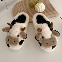 Mignonne vache pelucheuse pantoufles imprimé animal mignon cochon requin vache fourrure diapositives chaudes pantoufles vache visage coeur en peluche pantoufles