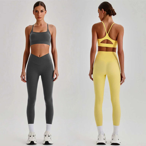 Conjunto de leggings de yoga con cintura cruzada en V y sujetador deportivo para mujer, ropa deportiva para gimnasio, levantamiento de glúteos, correr, fitness - Product Image 3