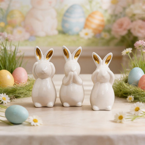 Ensemble de figurines de lapin en céramique de Pâques - Ne vois pas le mal, n'entends pas le mal, ne dis pas le mal - Décoration nordique pour le salon, le meuble TV - Product Image 1