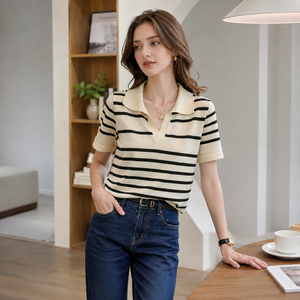 เสื้อโปโลผู้หญิงลายทาง แขนสั้น ปกคอพับ ผ้าฝ้าย 100% สไตล์ลำลอง ใส่สบายช่วงฤดูร้อน ทรงปกติ - Product Image 3