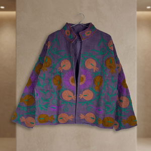 Purple TNT Fabric Suzani <b>Embroidered</b> <b>Jacket</b> <b>Women</b> Boho Pomegranate Motif Heavy Thread Work Short Open Front Winter Coat suzani - Product Image 3