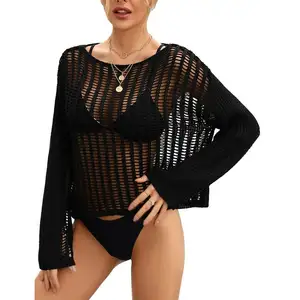 黑色针织长袖镂空夏季衬衫遮盖女式沙滩上衣