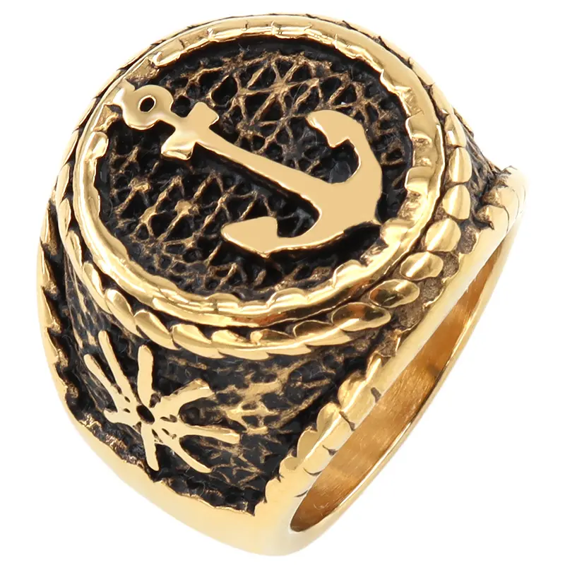 Customized Trendy High Quality Competitive Price Stainless Steel 18K Gold Jewelry Anchor Men Hip Hop Ring
