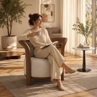 Courbes en teck doré, douceur bouclée. Fauteuil sculpté pour bureau à domicile et salons d'hôtel : Confort moderne
