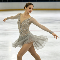 Robe de patinage artistique gris clair, entièrement ornée de strass, en maille, à manches longues, col en V, dos profond, jupe asymétrique pour adultes et enfants