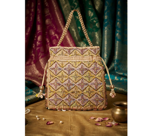 Handcrafted Silk Beige Saddle Potli <b>Bag</b> Purse <b>Sequin</b> Pearl Glass Bead Embroidery Classic Traditional Indian Lightweight Shoulder - Product Image 5