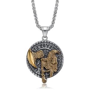 <b>Viking</b> <b>Axe</b> Odin Raven Titanium Steel Pendant Necklace Men's Vintage Gold Plated Round Animal Design Gift Jewelry - Product Image 1