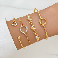 Ensemble de 4 bracelets tendance en alliage avec nœud cœur, bijoux, bracelet ouvert à nœud cœur en diamant pour femme