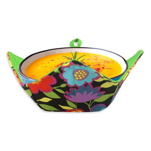 Bowl Cozy Holder Microwave Safe Pot Clip Spoon Rest Floral Design Green Trim - Product Image 1