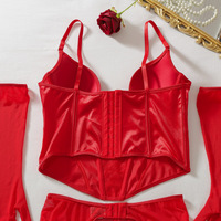 Luxe rode satijnen korset lingerie 5-delige set push-up bustier kousenband kousen lange handschoenen intieme erotische lingerie outfits