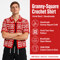 Benutzerdefiniertes LOGO Herren Häkelhemd Granny Square Weiße Knöpfe Kurzarm Ausbreitkragen Rot Sommer Polyester OEM & ODM Fabrik
