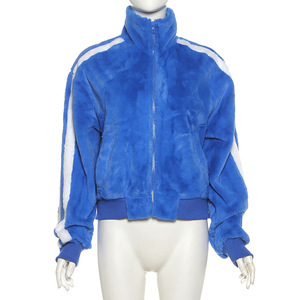 모피 여성의 가을 겨울 코트 새로운 사이드 스트라이프 솔리드 포켓 스탠드 칼라 긴 소매 캐주얼 코트 및 재킷 양털 아웃웨어 - Product Image 2